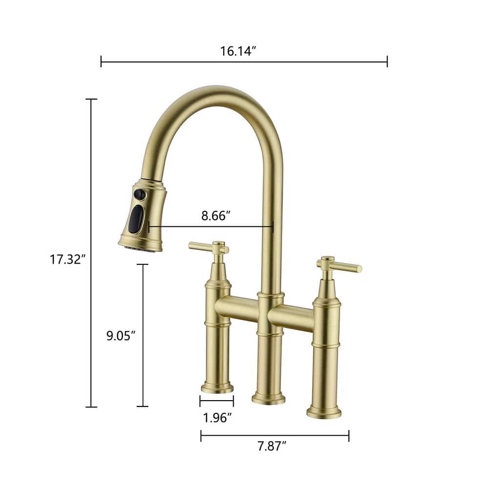 Brushed Gold Brass Bridge Kitchen Faucet with Pull-Out Spray