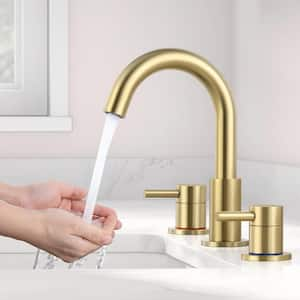 8 in. Widespread 2-Handle Low Arc Bathroom Faucet with Pop drain in Brushed Gold