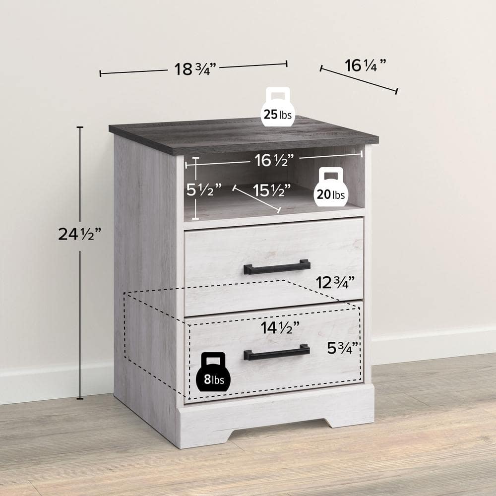 Washed White 2-Drawer Nightstand with Open Cubby and Gray Top