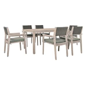 7-Piece Wood Outdoor Dining Set with Grayish Green Cushions