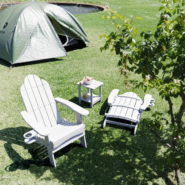 LUE BONA Miranda Folding White Recycled Plastic HIPS Outdoor Patio Adirondack Chair With Cup Holder For Firepit/Pool (Set of 2)