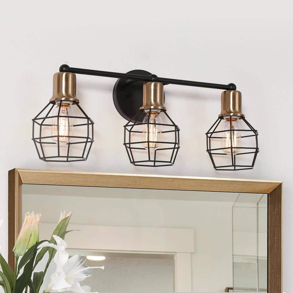21.3 in. 3-Light Black and Electroplated Copper Vanity Light with Cage-shaped Metal Shade price history on PriceWatchPro