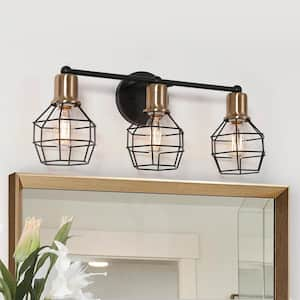 21.3 in. 3-Light Black and Electroplated Copper Vanity Light with Cage-shaped Metal Shade