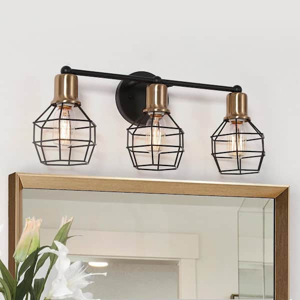 Uolfin 21.3 in. 3-Light Black and Electroplated Copper Vanity Light with Cage-shaped Metal Shade