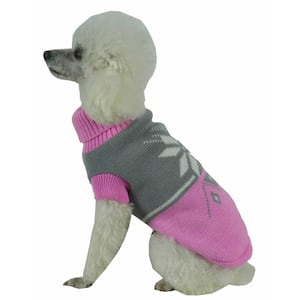 Large Pink and Grey Snow Flake Cable-Knit Ribbed Fashion Turtle Neck Dog Sweater