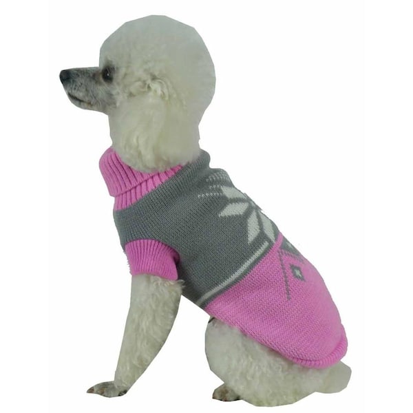 PET LIFE Large Pink and Grey Snow Flake Cable-Knit Ribbed Fashion Turtle Neck Dog Sweater