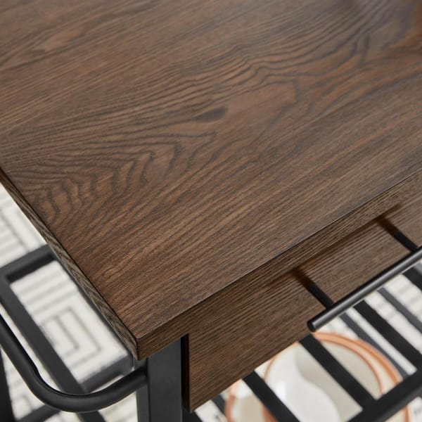 Blake Industrial Black Metal Frame Rolling Kitchen Cart with Walnut Top, Double-Drawer Storage and Shelves (35" W)