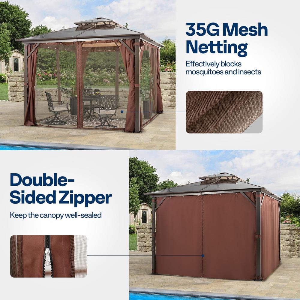 10x13 Brown Aluminum Patio Gazebo with Polycarbonate Roof