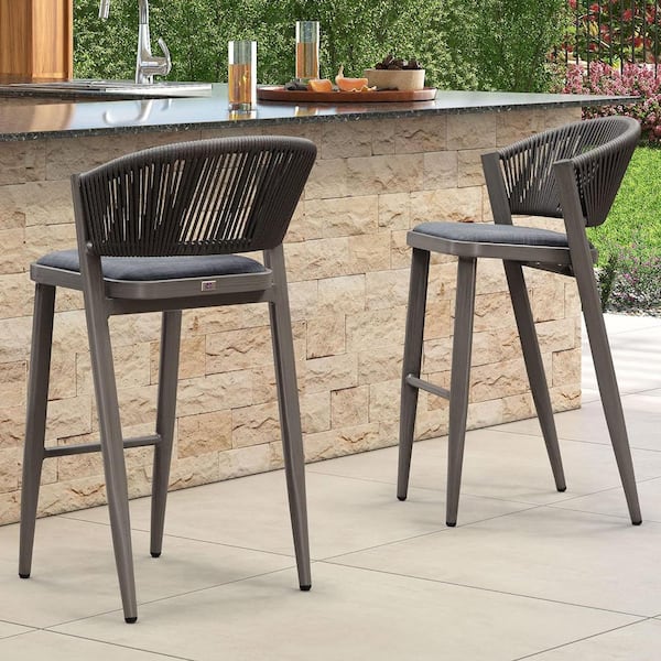 PURPLE LEAF Modern Aluminum Low Back Rattan Bar Height Outdoor Bar Stool with Backrest and Gray Cushion (2-Pack)