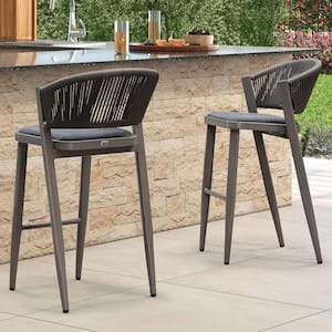 Modern Aluminum Low Back Rattan Bar Height Outdoor Bar Stool with Backrest and Gray Cushion (2-Pack)