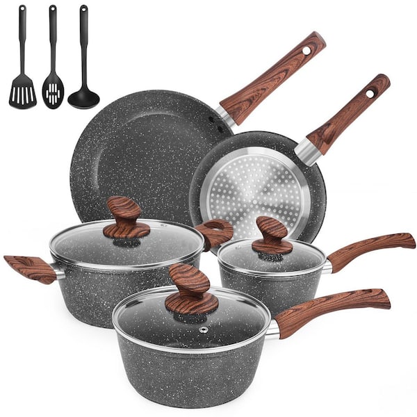 Granite Non-Stick Cookware Set, 11-Piece Stock Pot and Pan Set, 3QT and 2QT and 1.5QT Capacity, Induction Compatible
