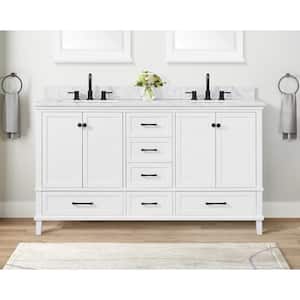 Merryfield 61 in. Double Sink Freestanding White Bath Vanity with White Carrara Marble Top (Assembled)