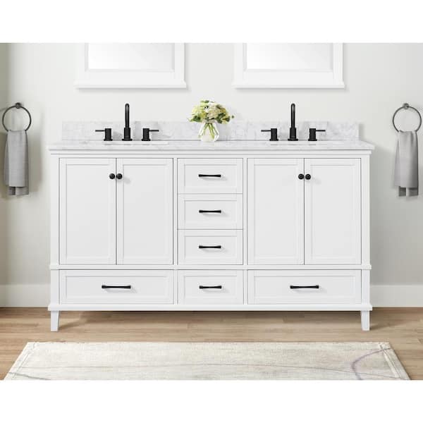 Home Decorators Collection Merryfield 61 in. Double Sink Freestanding White Bath Vanity with White Carrara Marble Top (Assembled)