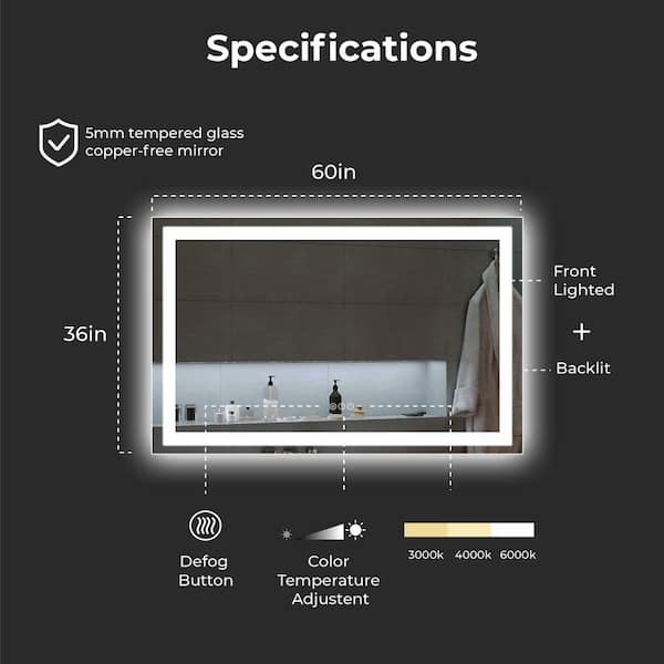 60 in. W x 40 in. H Rectangular Frameless Anti-Fog LED Light Wall Bathroom Vanity Mirror