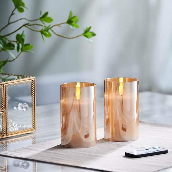 HEMSLY INC 5 in. Gold Mirrored Glass LED Flameless Pillar Candles (Set of 2)