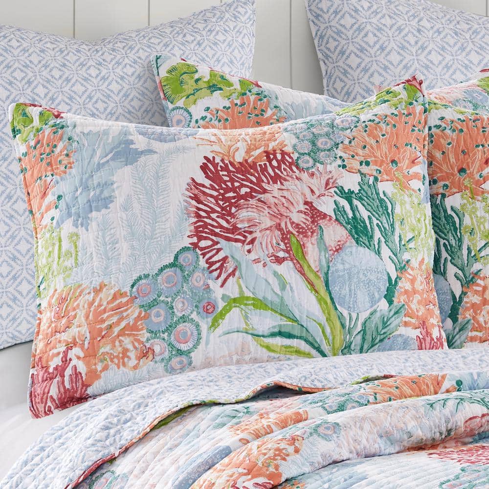 Caribbean Coral King Cotton Quilt Set with Reversible Blue Trellis Design
