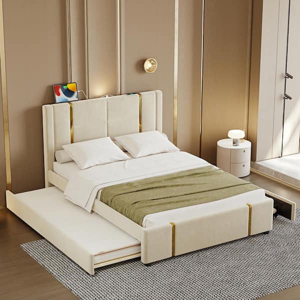 Harper & Bright Designs Beige Wood Frame Queen Size Velvet Upholstered Platform Bed with 2 Drawers, Twin Size Trundle, Night Light, USB Charger