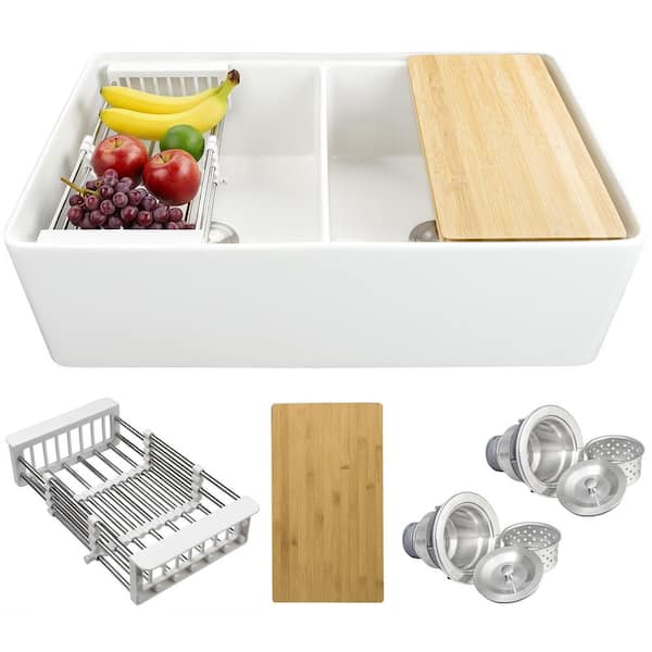White Fireclay 33 in. Double Bowl Apron-Front Workstation Kitchen Sink with Basket Strainer and Sink Grid