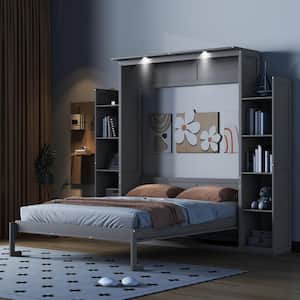 Gray Wood Frame Queen Size Murphy Bed Wall Bed with Storage Shelves and LED Lights