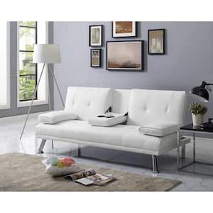 White, Futon Sofa Bed Faux Leather Futon Couch with Armrest and 2-Cupholders, Sofa Bed Couch Convertible with Metal Legs