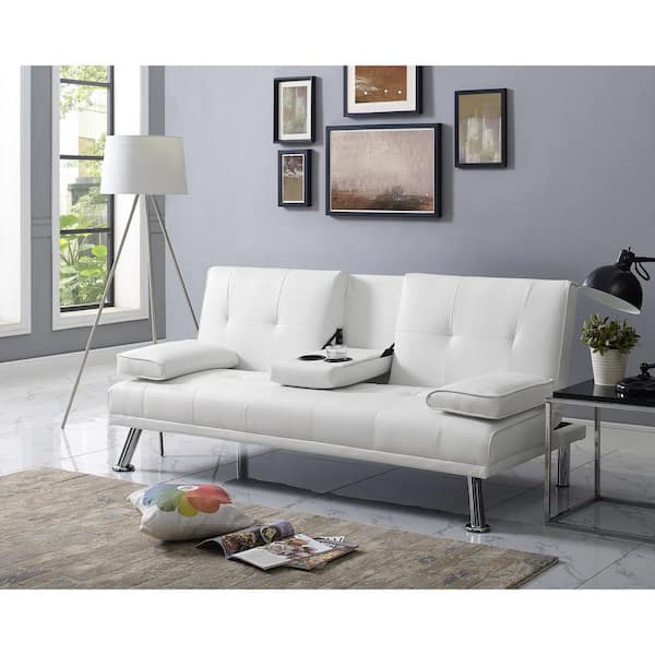 MAYKOOSH 65.75 in. Square Arm Faux Leather Rectangle Convertible Sofa in White