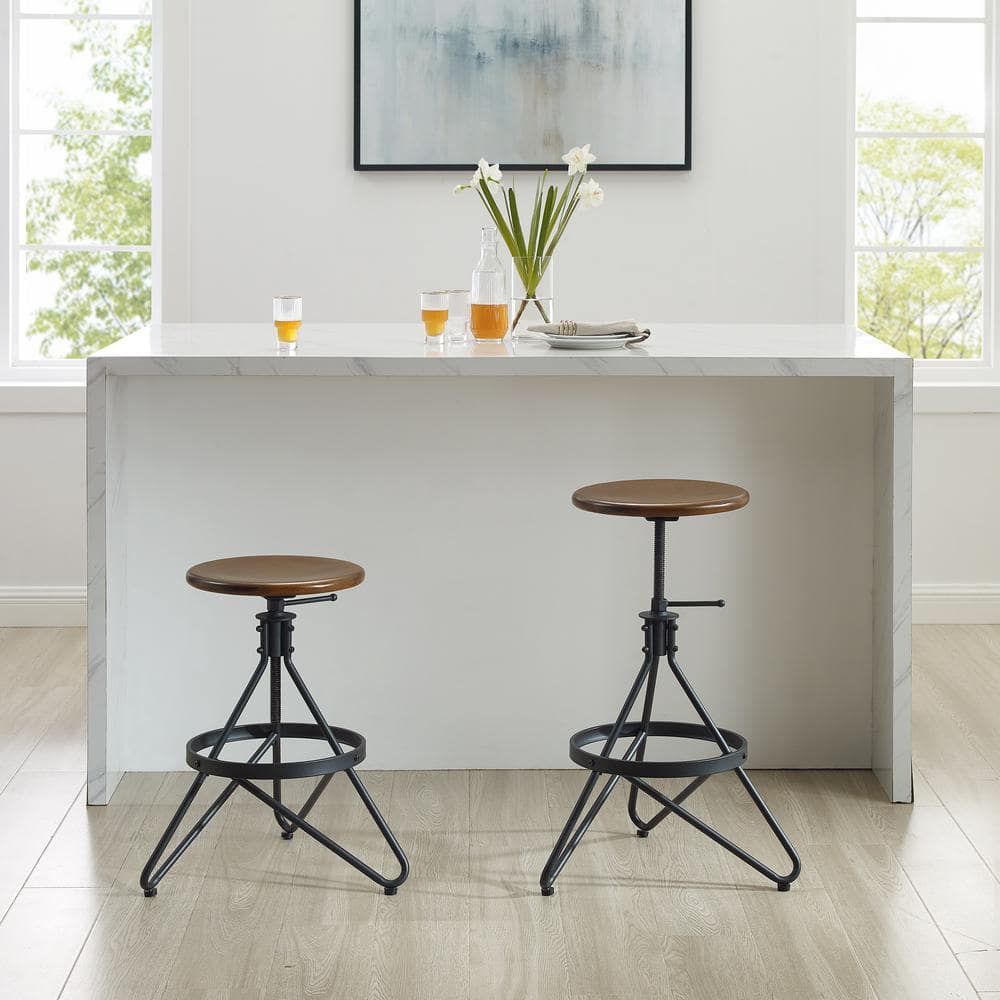 Kalen Brown Wood and Matte Black Metal Adjustable Swivel Barstool Set