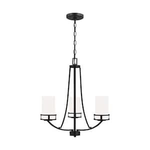 Robie 3-Light Midnight Black Craftsman Modern Transitional Hanging Empire Chandelier with Etched White Glass Shades