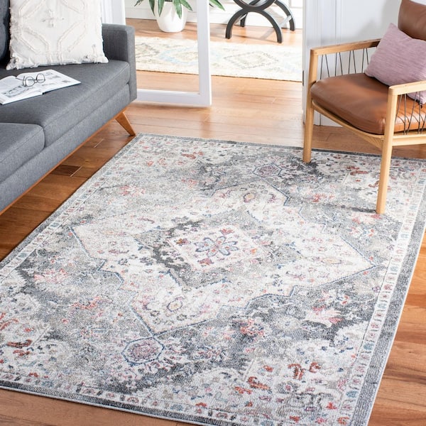 Phoenix 7 ft. x 7 ft. Ivory/Gray Distressed Medallion Floral Square Area Rug