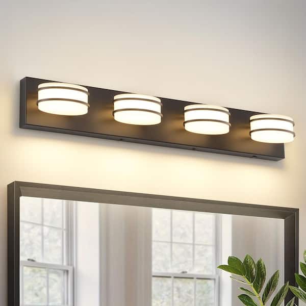 27.95 in. 4-Light Black Dimmable Bathroom Vanity Light with 3-CCT Adjustable Switch and 350° Swivel Range