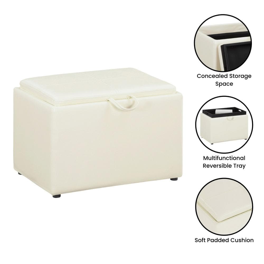 Ivory Faux Leather 23" Multifunctional Storage Ottoman with Reversible Tray