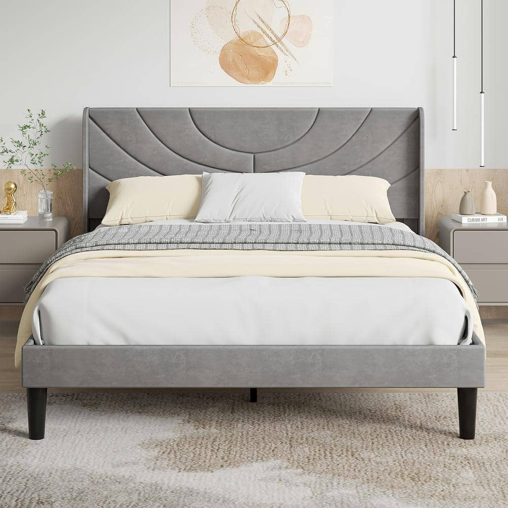 VECELO Upholstered Bed Gray Metal Frame Queen Platform Bed With Fabric Headboard, Wooden Slats ...