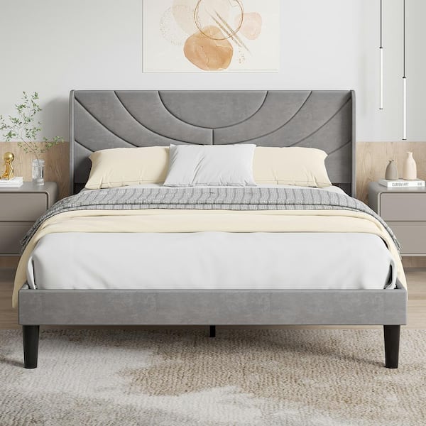 VECELO Upholstered Bed Gray Metal Frame Queen Platform Bed with Fabric ...