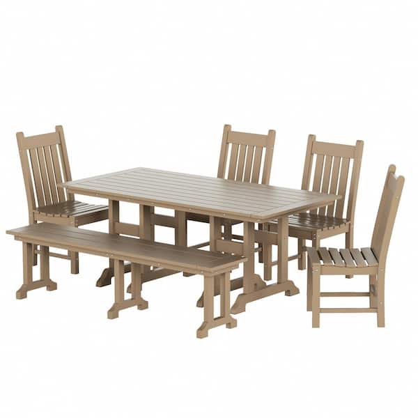 WESTIN OUTDOOR Hayes 6-Piece All Weather HDPE Plastic Rectangle Table Outdoor Patio Dining Set with Bench in Weathered Wood