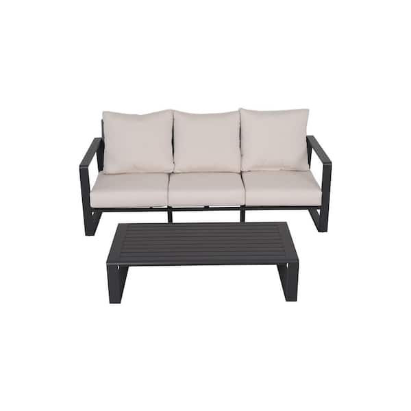 Black of 2-Pieces Aluminum Outdoor Sectional Set with Light Gray Cushions