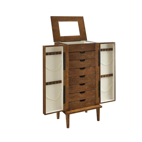 Joy Walnut Brown Wood Free Standing 18 in. W Jewelry Armoire with Drawers and Necklace Hooks