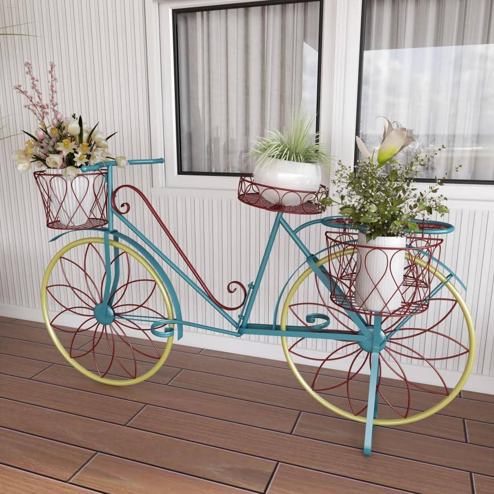 Vintage Blue and Red Metal Bicycle Plant Stand with Baskets
