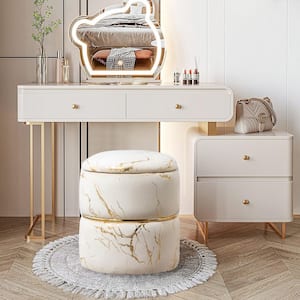 Khaki 2-Piece Velvet Round Ottoman with Storage Upholstered Sherpa Vanity Stool Ottomans with Removable Lid Foot Rest