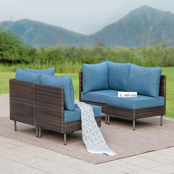 PHI VILLA Black 4-Pieces Metal Patio Conversation Sectional Seating Set with Brown Rattan and Navy Blue Cushions