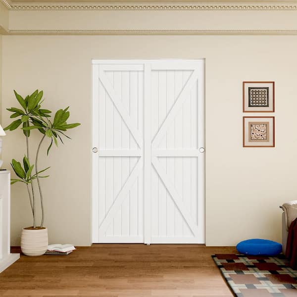 TENONER 60 in. x 80 in. K Shape White PVC Covering MDF Sliding Door with Handle and Hardware Track Kit, Pre-Drilled