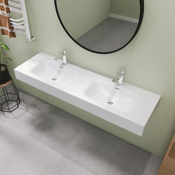 59.5 in. Wall Mount Rectangle Vessel Sink, Solid Surface Bathroom Vessel Sink