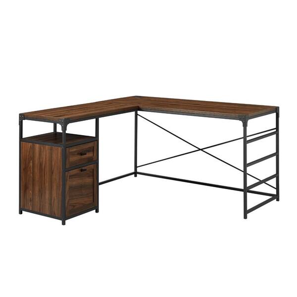 Welwick Designs L Shaped Dark Walnut Wood And Metal Industrial 2 Drawer Computer Desk With File Storage Hd8982 Metal Industrial 2 Drawer Computer Desk, L Shaped Desk Wood And Metal