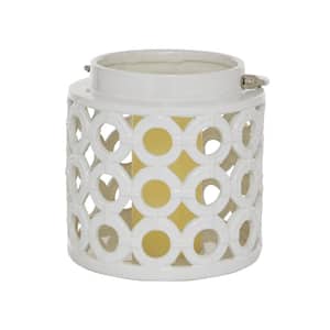8 in. H White Ceramic Circles Decorative Candle Lantern with Cut Out Design