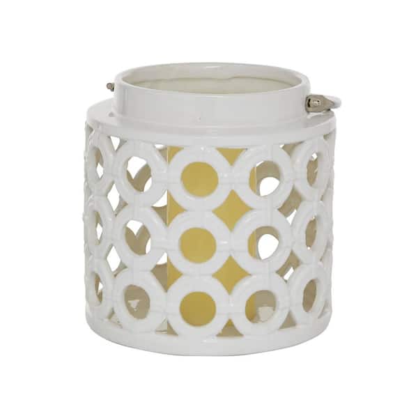 Litton Lane 8 in. H White Ceramic Circles Decorative Candle Lantern with Cut Out Design