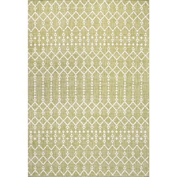 Ourika Moroccan Geometric Textured Weave Light Green/Cream 9 ft. x 12 ft. Indoor/Outdoor Area Rug