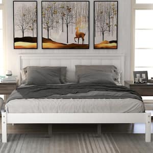 Queen Size White Bed Frame with Headboard, Wood Queen Size Platform Frame, No Box Spring Needed