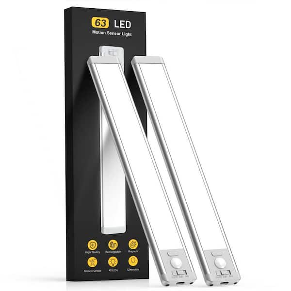 BIBIVIS 2 Pack 14.7 in. White Under Cabinet 63 LED Light, Rechargeable Motion Sensor Light for Kitchen Stair