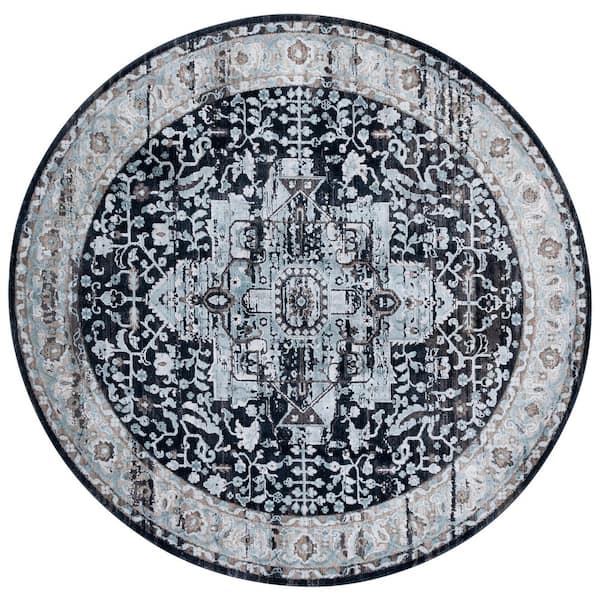 Mayflower 7 ft. x 7 ft. Blue/Ivory Medallion Distressed Round Area Rug