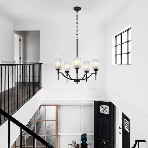 5-Light Painted Black Chandelier with Clear Ribbed Glass Shades