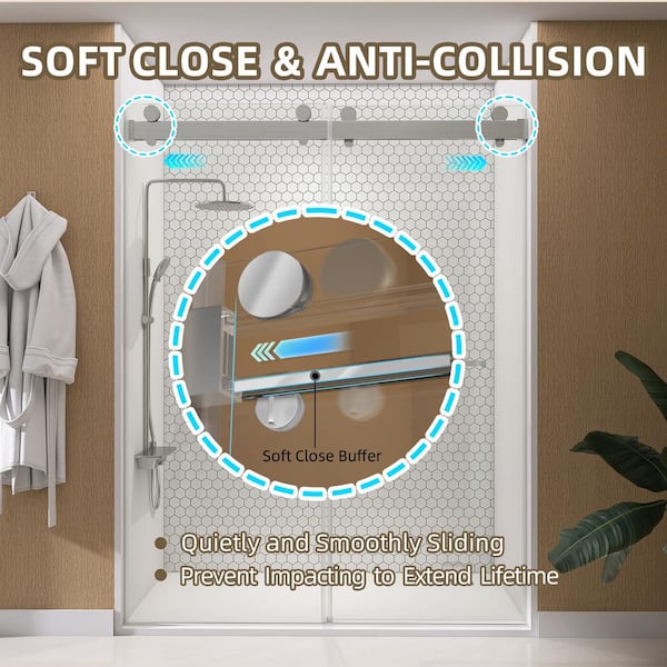 NTQ 60 in. W x 79 in. H Soft Close Double Sliding Bypass Frameless Glass Shower Door in Brushed Nickel 3/8 in. Clear Glass
