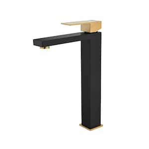 Single Handle Single Hole High Arc Bathroom Faucet with Supply Line Included in ‎Black and Gold